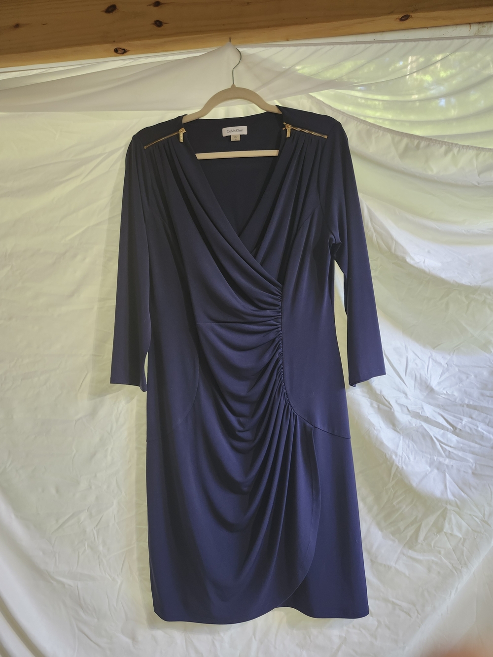 Calvin Klein Navy Faux-Wrap Ruched Midi Dress with Gold Zipper Detail - Picture 2 of 8